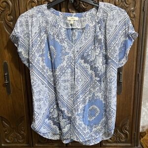 Como Blu Paisley Smocked Tunic Blouse Blue White flutter Sleeve XL